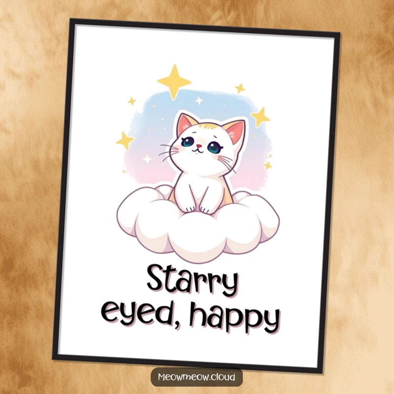 Funny digital art print of a dreamy cat gazing at stars from a cloud, bringing instant celestial wonder and humor.