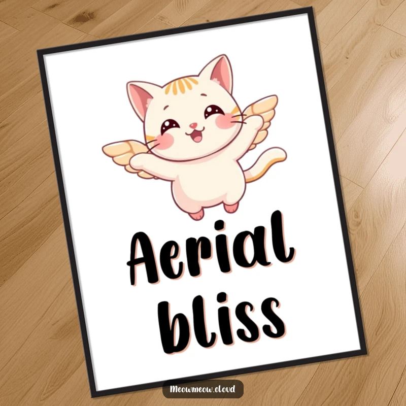 Funny Digital Art Print of a cheerful cat with small wings, soaring joyfully, ready to be printed for instant whimsical wall decor.
