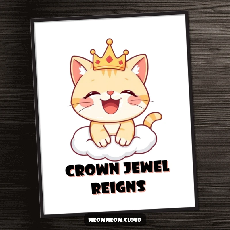 Funny cat digital art print of a joyful cat wearing a crown on a cloud, creating a regal and amusing visual.