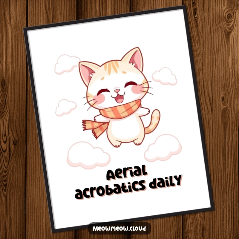 Funny jumping cat digital art print of a playful cat in a scarf, leaping between soft clouds.
