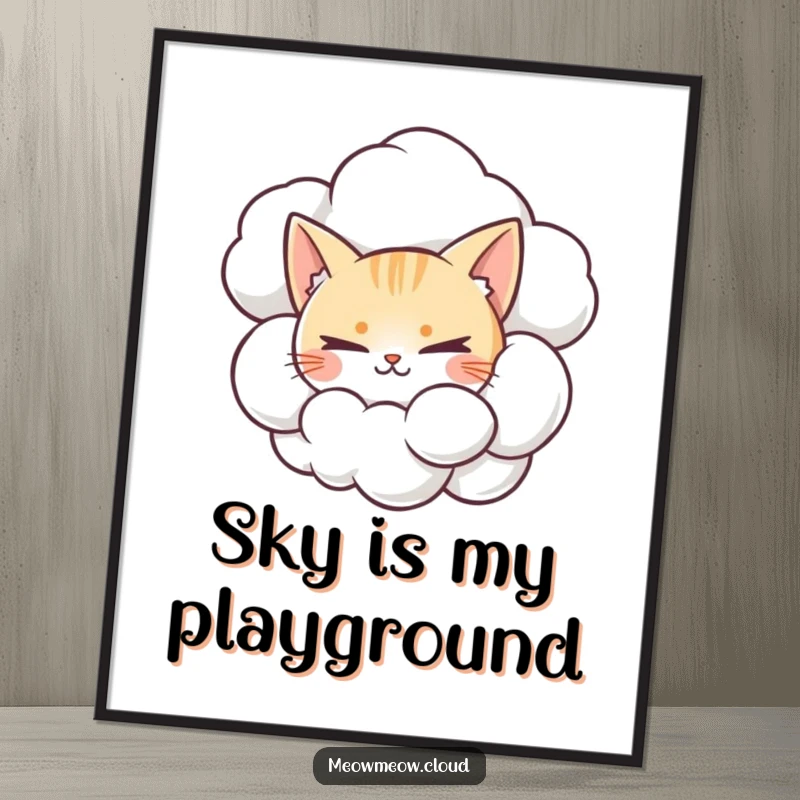 Funny digital art print of a mischievous cat peeking from a cumulonimbus cloud, adding whimsical decor.