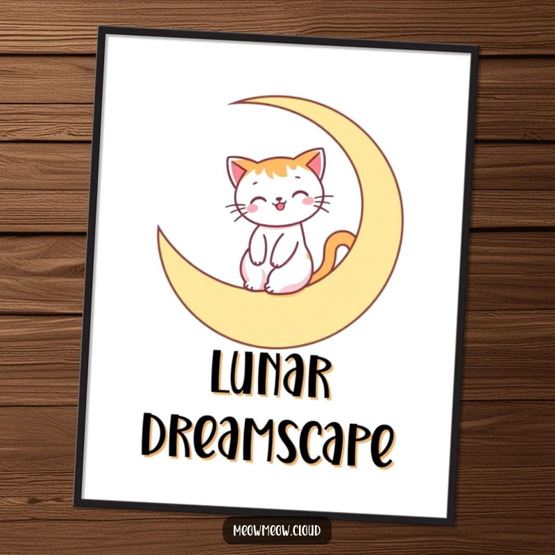 Funny Digital Art Print of a smiling cat character riding a crescent moon, ready to be printed for instant celestial wall decor.