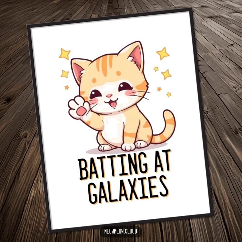 Funny playful cat batting at stars with its paw, humorous digital wall art for instant download and cosmic decor.