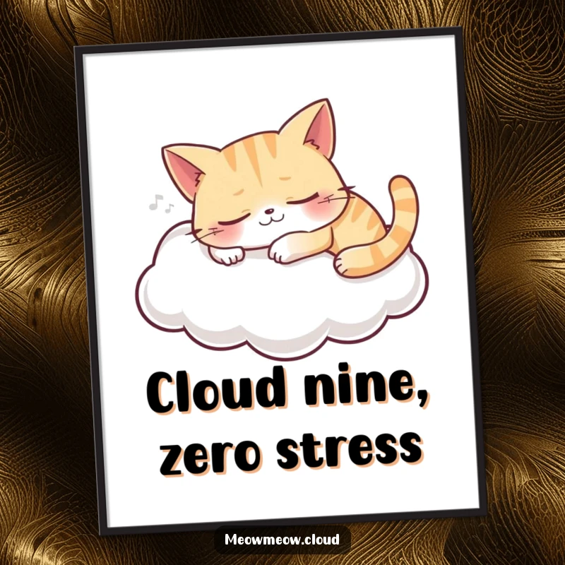 Funny digital art print of a grinning cat sleeping on a soft cloud, bringing instant serenity and humor to decor.