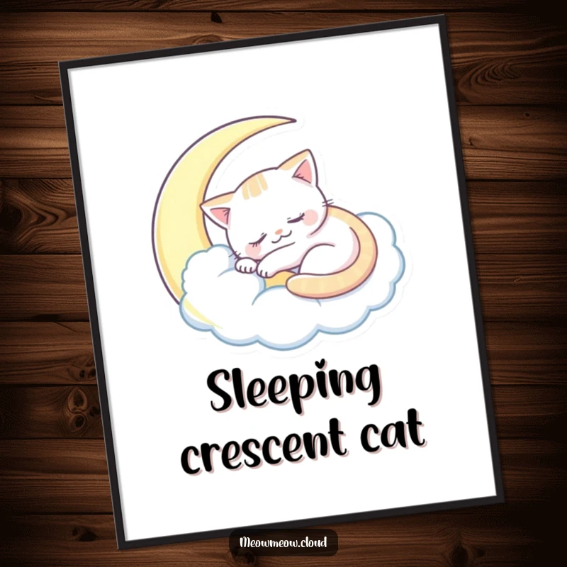 Funny sleepy cat digital art print of a cat sleeping inside a crescent moon cloud, offering instant dreamy decor.