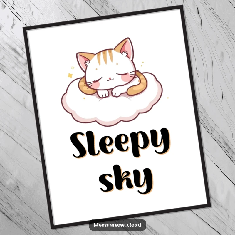 Funny playful cat napping on a cloud, as a downloadable digital art print for instant serene decor.