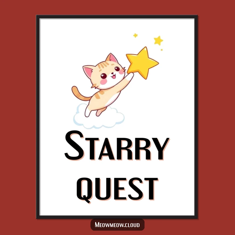 Funny Star Chasing Cat Digital Art: Happy Kitty Print for Instant Motivation