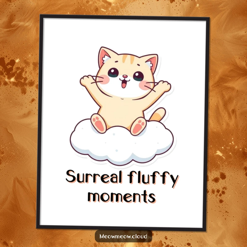 Funny digital art print of a surprised cat making a snow angel on a cloud, ideal for instantly adding whimsical, celestial humor.