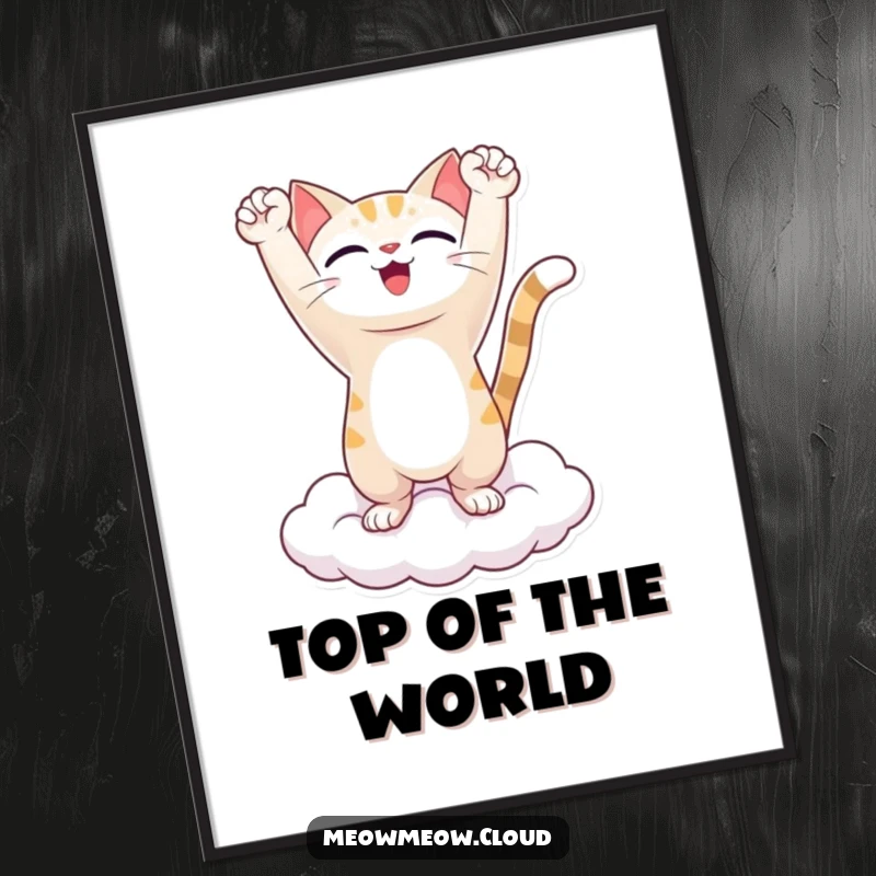 Funny digital art print of a triumphant cat character on a cloud, arms raised in celebration, bringing instant cheer and humor to any space.