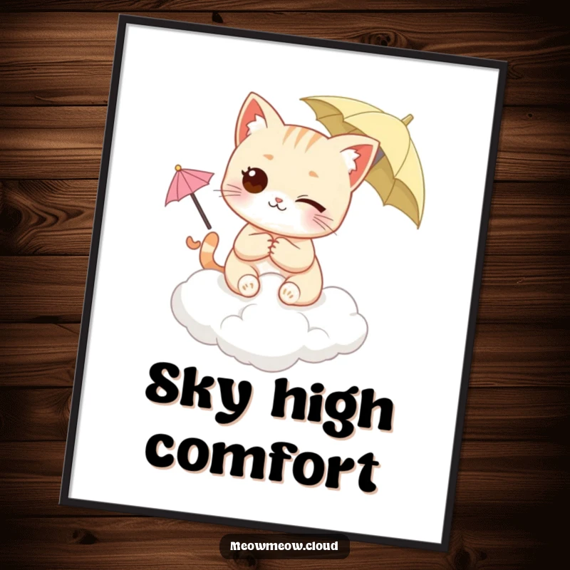 Funny Winking Cat Digital Art Print of a cat on a cloud, holding a tiny umbrella, with a charming, whimsical vibe. Cute wall art.