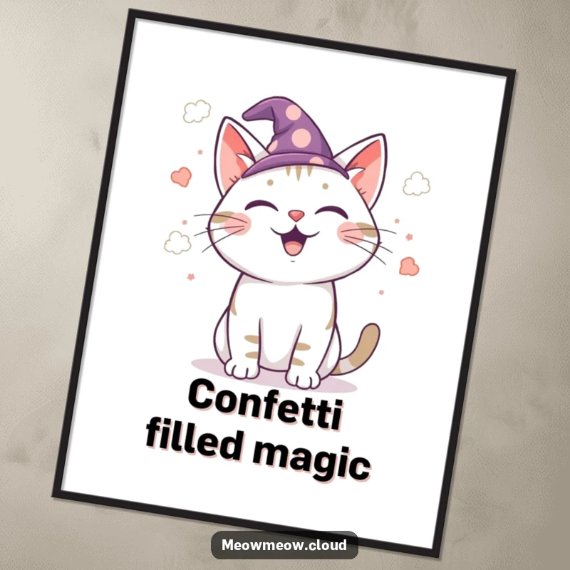 Funny wizard cat digital art print, a joyful cat wizard casting cloud confetti, magical and humorous artwork for instant download.