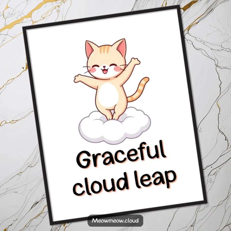 Funny happy cat ballet digital art print of a cat pirouetting on a cloud, offering instant artistic flair.