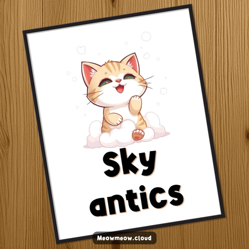 Funny mischievous cat playing with fluffy clouds, as a digital art print for whimsical wall decoration.