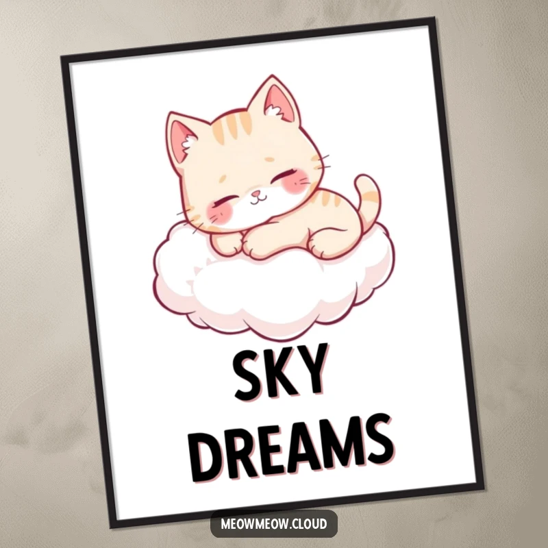 Funny cute cat purring on a cloud, as a downloadable digital art print for instant cute decor.