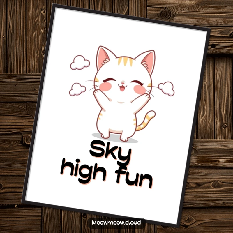 Funny Digital Art Print of a playful cat character juggling small clouds, ready to be printed for instant whimsical wall decor.