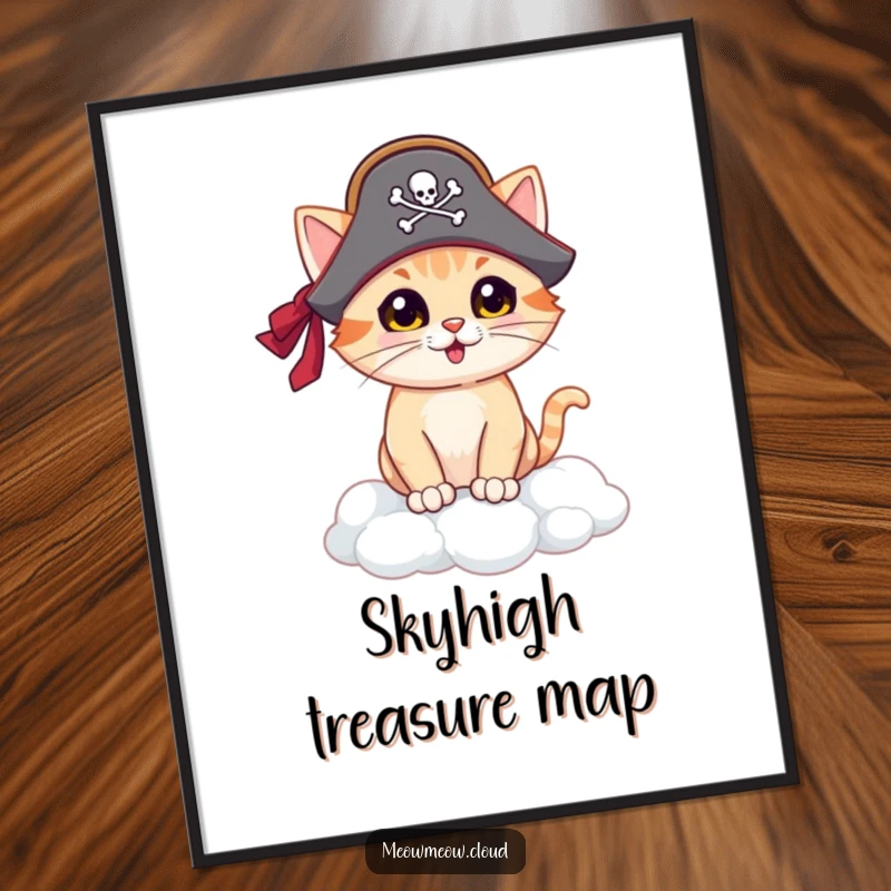 Funny pirate cat digital art print, a proud feline pirate on a cloud island, ready to download and frame for humorous decor.