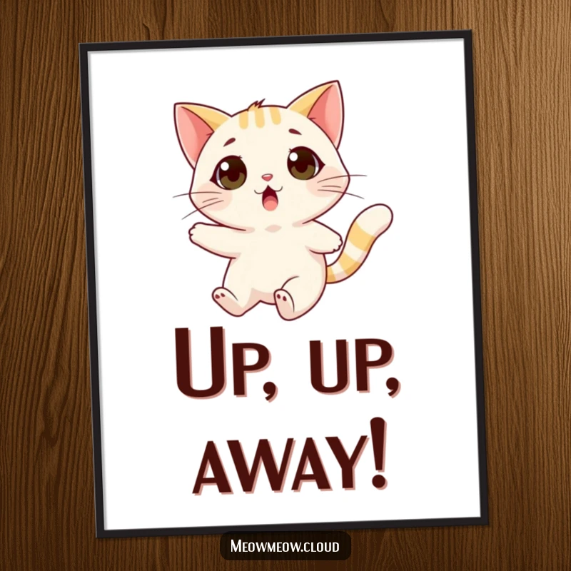 Funny surprised cat digital art print of a cat being carried by a friendly wind gust, offering instant humor.