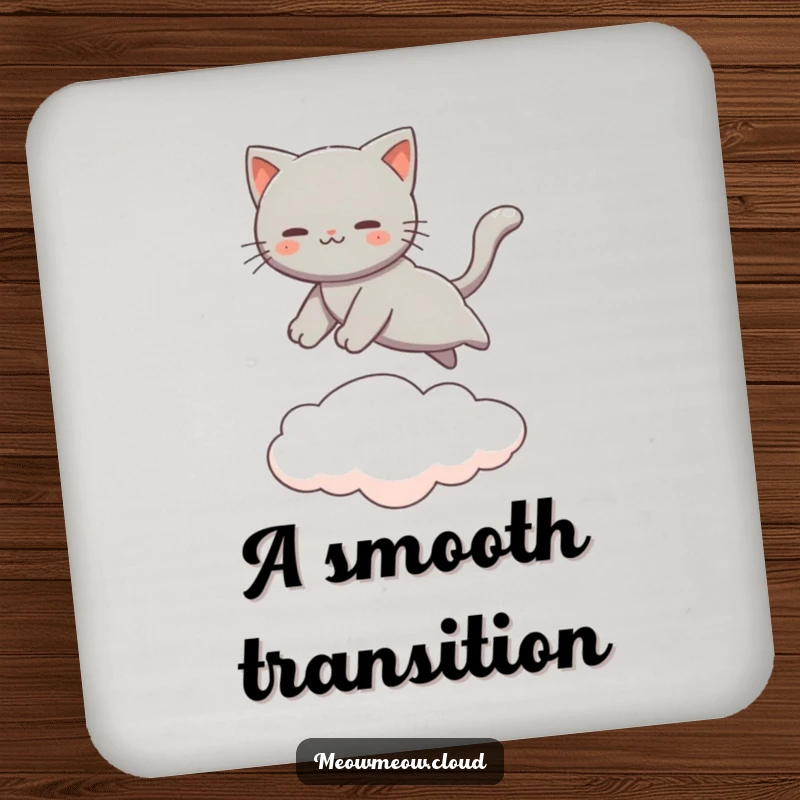 Funny Gray Cat Drink Coaster showing a cat leaping between clouds, protecting tables. Sophisticated and functional home decor.