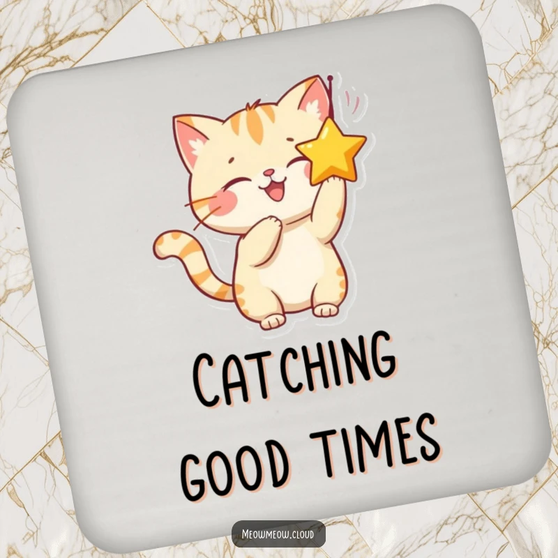 Funny drink coasters featuring a smiling cat character playfully batting at a dangling star, protecting surfaces with charm.