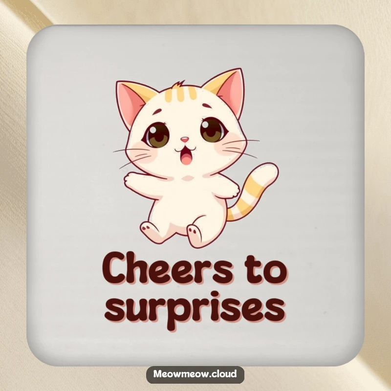 Funny surprised cat coasters featuring a cat being carried by a friendly wind gust, a humorous table addition.