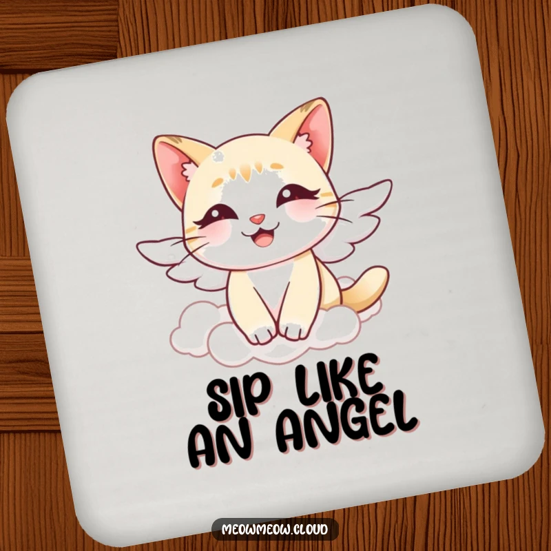 Funny angel cat coasters, set of coasters with a cat with wings floating through clouds, protecting surfaces with gentle humor.