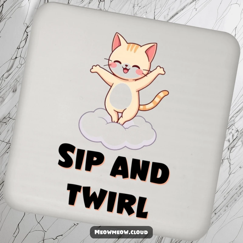 Funny happy cat ballet coasters featuring a cat pirouetting on a cloud, a humorous table addition.