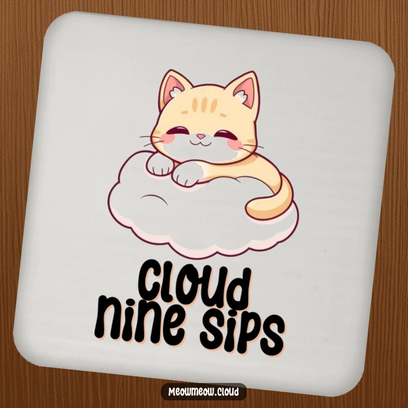 Funny drink coaster featuring a cute cat character lounging on a fluffy white cloud, protecting surfaces with charm.