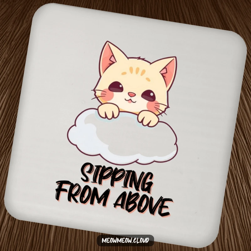 Funny drink coasters featuring a mischievous cat peeking over a cloud, adding humor to any drink setting.