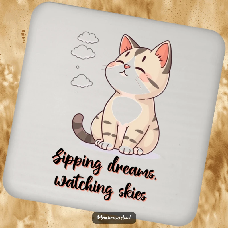 Funny drink coaster featuring a contented cat watching tiny clouds drift by, perfect for serene protection.