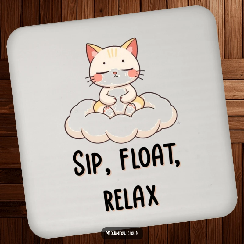 Funny cat meditation coasters featuring a serene cat meditating on a fluffy cloud cushion, protecting surfaces humorously.
