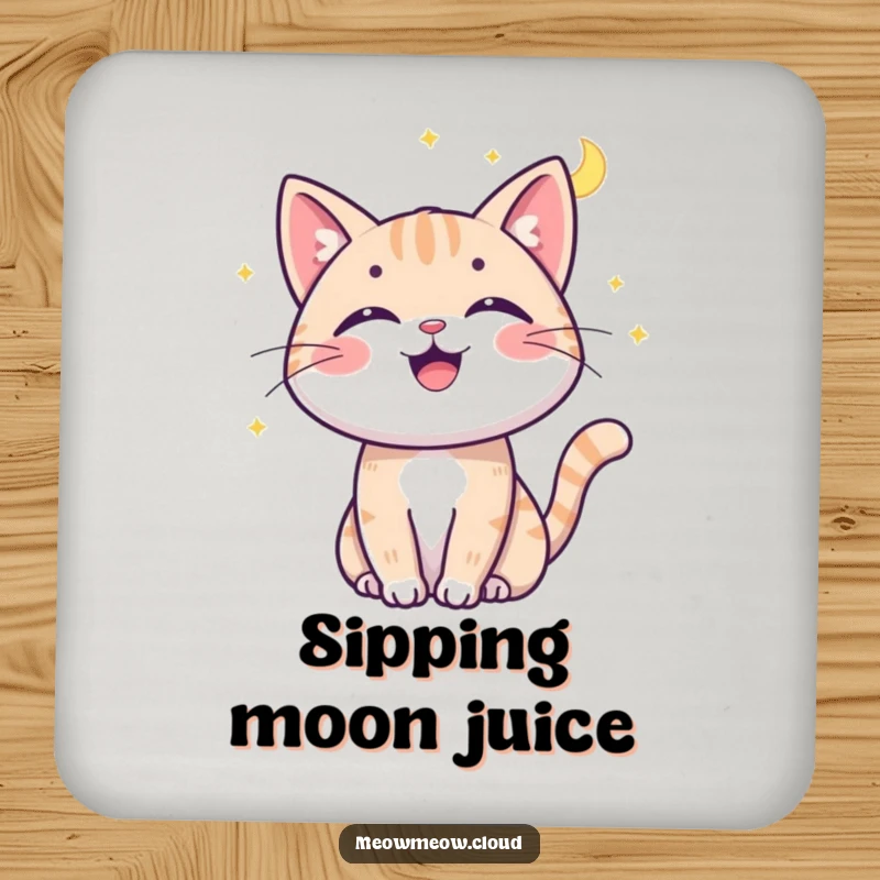 Funny cat moonbeam coaster featuring a cheerful cat batting at a moonbeam, adding playful protection.