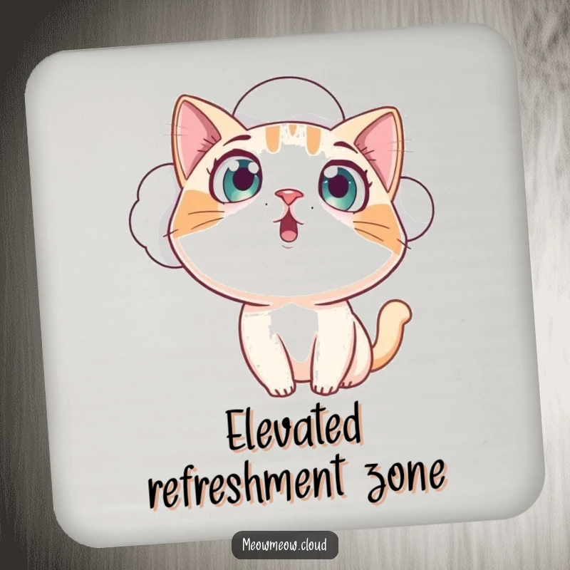 Funny curious cat looking down from a cloud with wide, amazed eyes, a humorous coaster for drink protection, a funny gift.