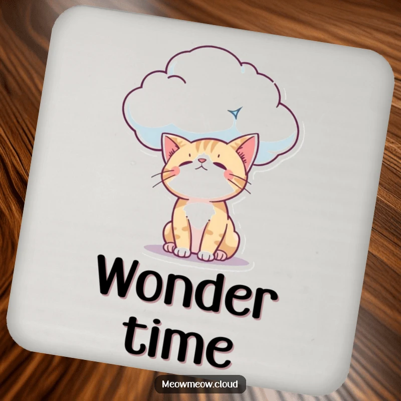 Funny curious cat looking down from a cloud with wonder, featured on a drink coaster to add a touch of humor.