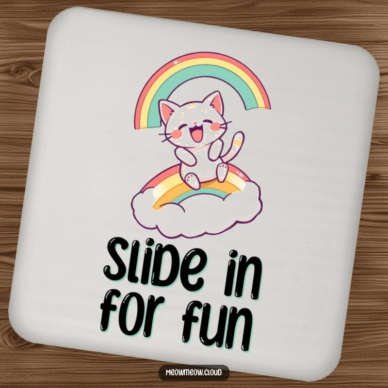 Funny coaster with an excited cartoon cat sliding down a rainbow, adding fun to drinks.