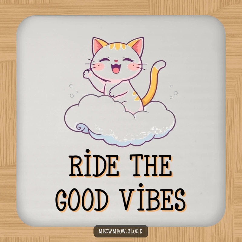 Funny coaster with a joyful cartoon cat riding a cloud like a wave.