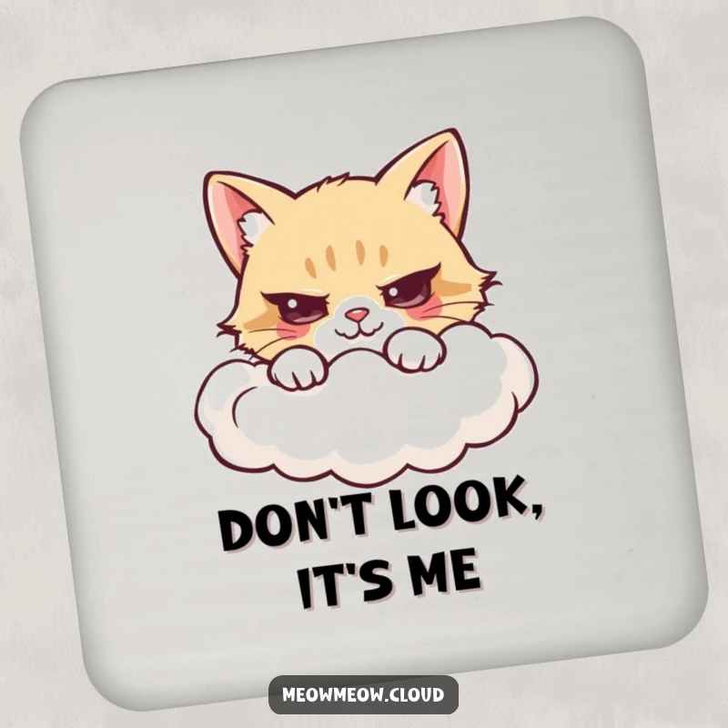 Funny coaster with a mischievous cartoon cat hiding behind a cloud edge.