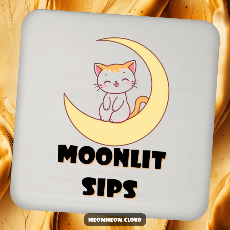 Funny Coaster featuring a smiling cat character riding a crescent moon, providing surface protection with a dose of lunar humor.