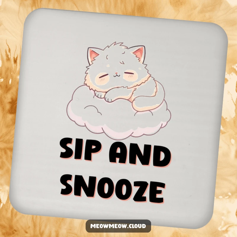 Funny fluffy cat napping on a cloud, a humorous drink coaster for surface protection and relaxation.
