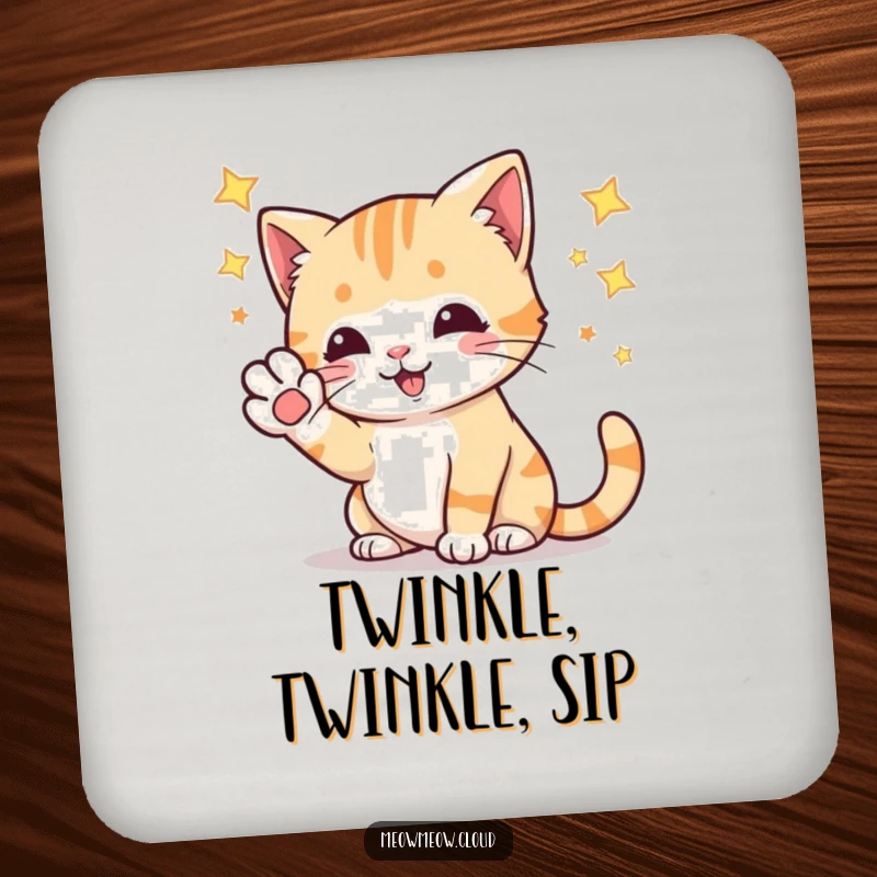 Funny playful cat batting at stars with its paw, a humorous drink coaster for surface protection and fun.