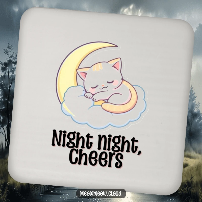 Funny sleepy cat coasters featuring a cat sleeping inside a crescent moon cloud, a humorous table addition.