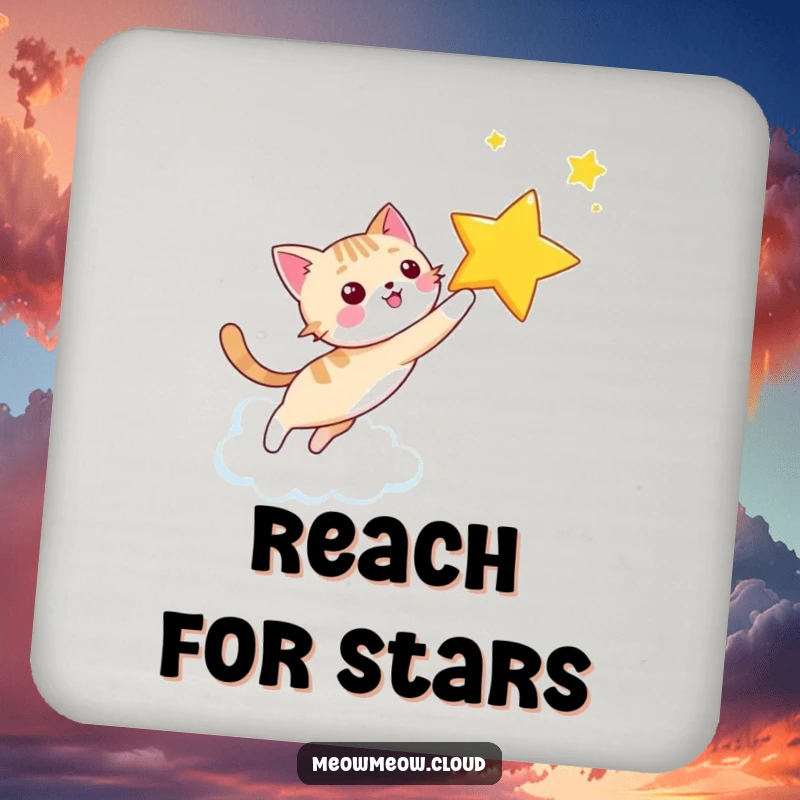Funny happy cat chasing a star on a cloud sky, featured on a drink coaster to add a touch of humor.