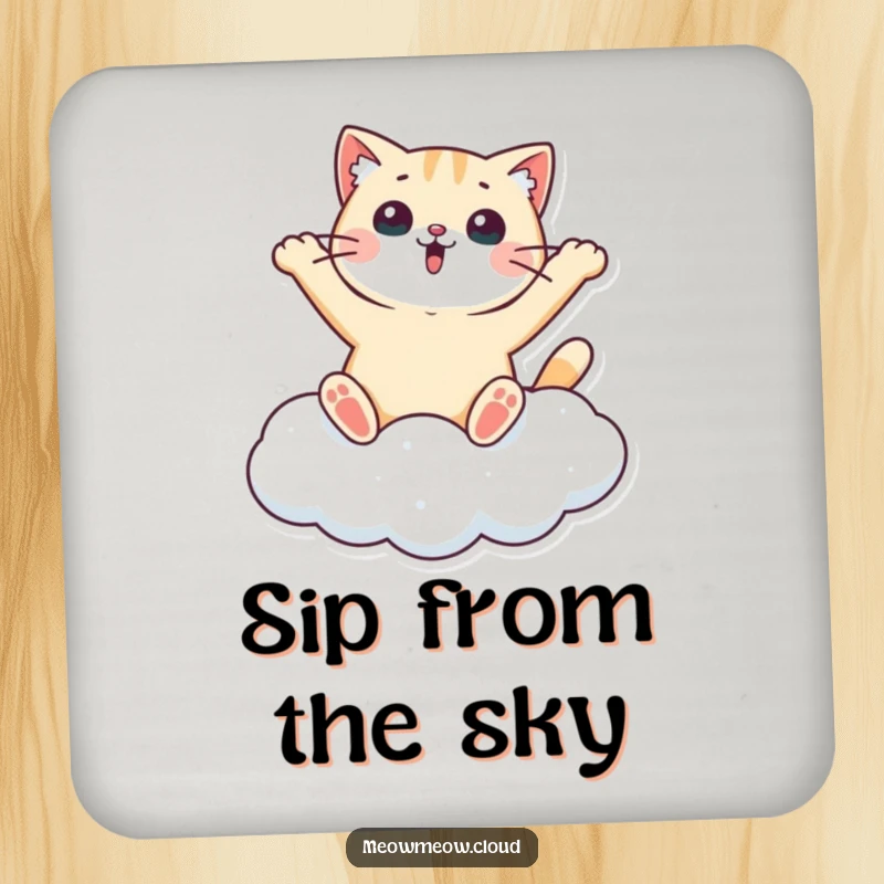 Funny coaster featuring a surprised cat making a snow angel on a cloud, adding whimsical humor and protecting surfaces.