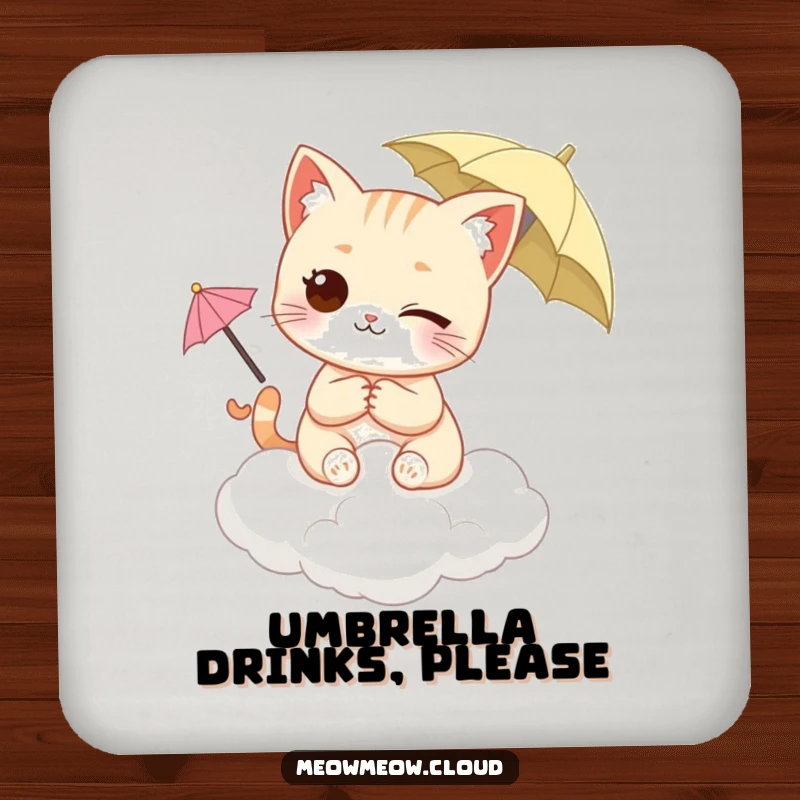 Funny Winking Cat Drink Coaster showing a cat on a cloud, holding a tiny umbrella, protecting surfaces. Adorable home decor.