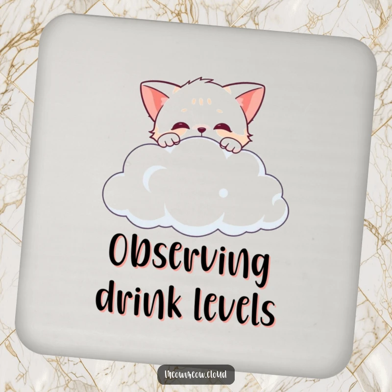 Funny curious cat peeking over the edge of a cloud, a humorous drink coaster for surface protection and observation.