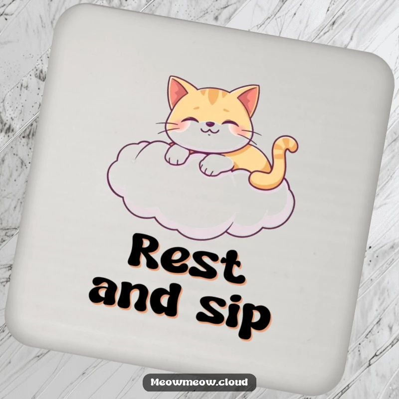 Funny drink coaster featuring a happy cat lounging on a puffy white cloud, protecting surfaces with calm humor.