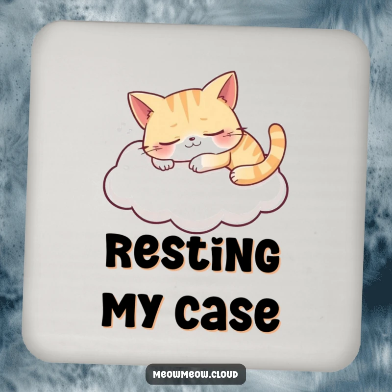 Funny drink coaster featuring a grinning cat sleeping on a cloud, adding serene humor to any surface.