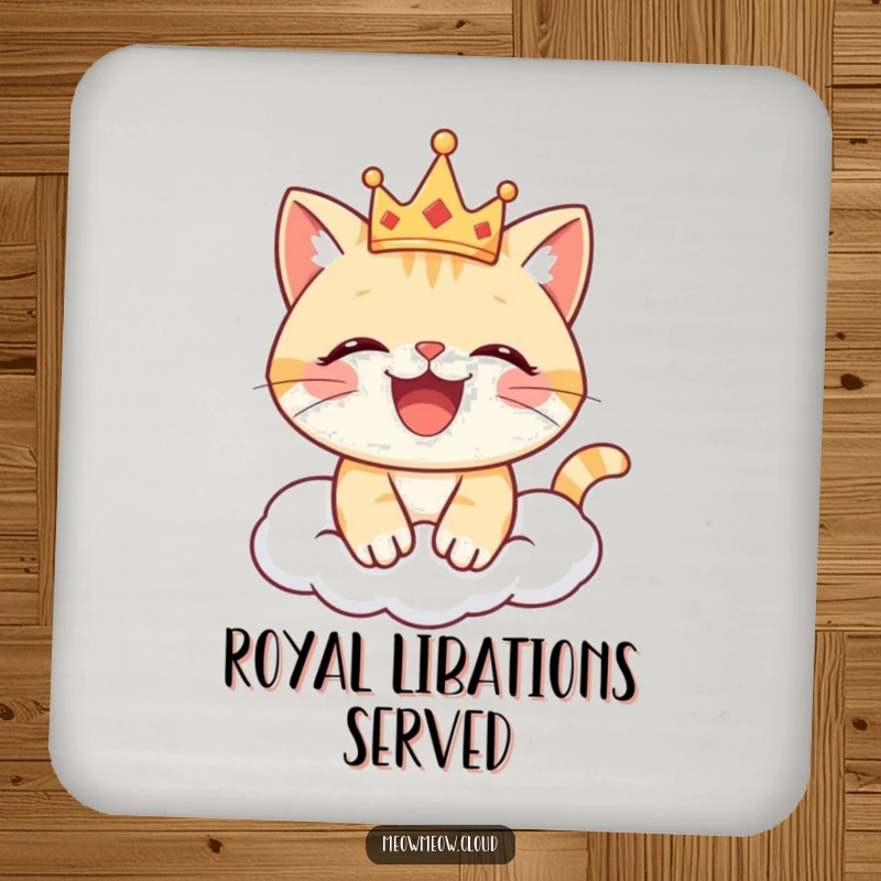 Funny cat coaster with a joyful crowned cat on a cloud, offering protection and a regal, humorous touch.
