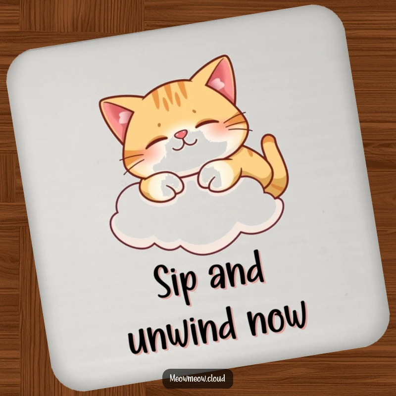 Funny drink coasters with a contented cat stretching on a cloud, protecting furniture with blissful style.
