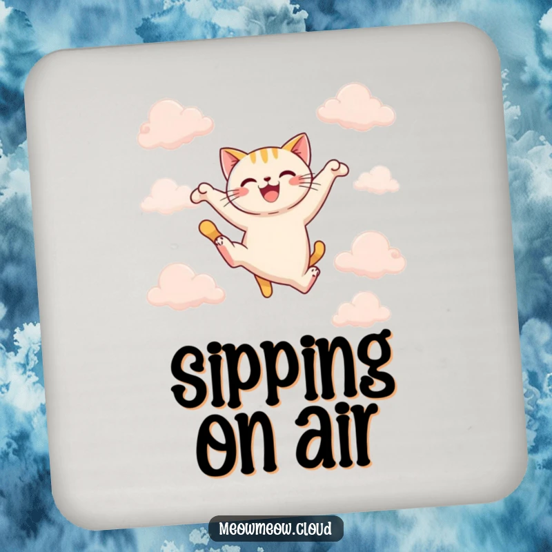 Funny joyful cat leaping between clouds on drink coasters, perfect for active tables and funny gifts.