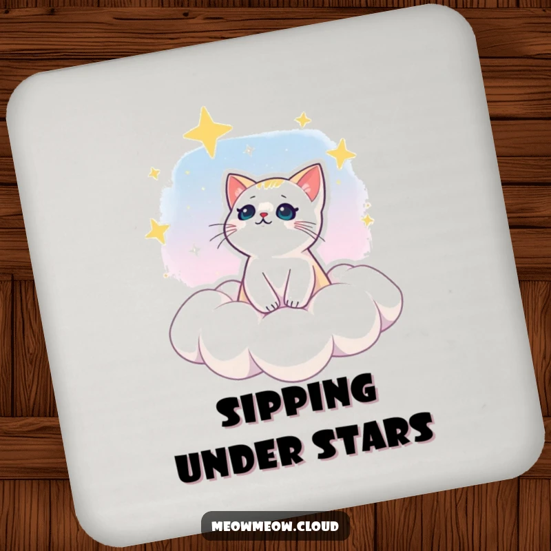 Funny drink coaster featuring a dreamy cat gazing at stars from a cloud, adding cosmic humor to any table.